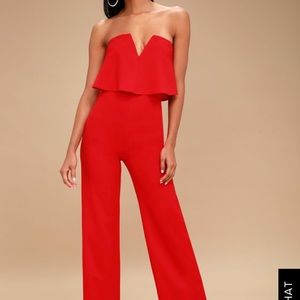 Red Lulus power of love strapless jumpsuit